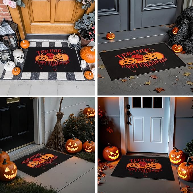 Halloween Door Mat, Halloween Pumpkin Doormat Outdoor Front Door Entrance Absorbent Entry Mat with Non Slip Backing, 17''x30'', Pumpkins Black