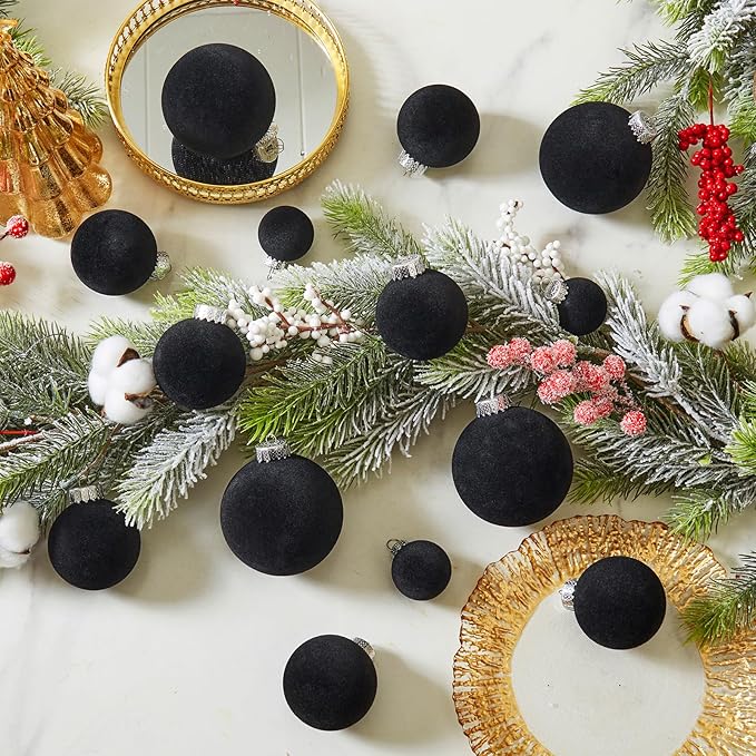 Velvet Christmas Ball Ornaments Set-46pcs Flocked Shatterproof Christmas Tree Decorations Plastic Xmas Decorative Hanging Ornaments for Xmas Holiday Home Decor,3 Sizes(Black)