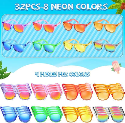 Kids Sunglasses 32 Bulk Party Favors, Toddler Boys Girls Age 3-8 Birthday Favor Summer Goodie Bags Stuffers, Neon Sunglass with UV 400 Protection for Students Valentines Easter Day Gifts