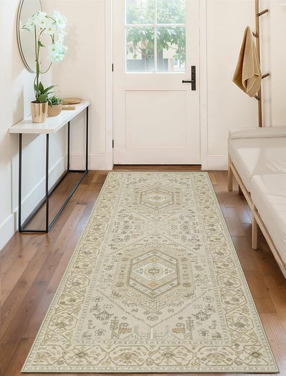 SERISSA Boho Washable Runner Rug, 2x6 Non-Slip Kitchen Runner Rug Vintage Beige Hallway Rug Ultra Soft Print Distressed Oriental Floor Carpet Runner for Bedroom Bathroom Laundry Living Room