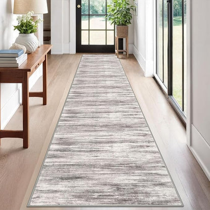 KOZYFLY Modern Abstract Kitchen Runner Rug, 2x12 Washable Rug Runner Non-Slip Soft Striped Hallway Runner Rugs, Grey Beige Print Carpet Runner for Entryway Bathroom Laundry Room Foyer
