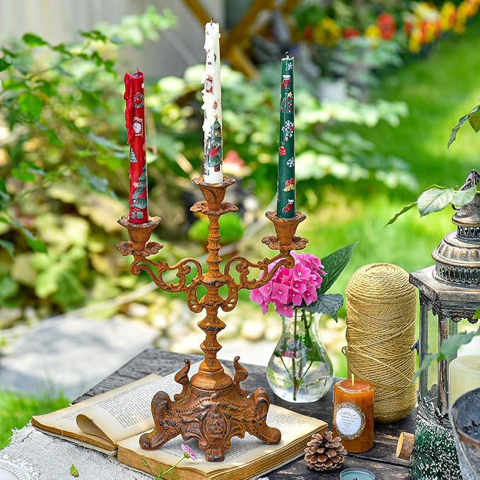 Sungmor Rusty Cast Iron 3 Arm Candelabra, 13" Tall Vintage Candlestick Holder, Decorative Taper Candle Holder, Pretty Centerpiece Candle Stand for Halloween, Christmas, Holiday Décor