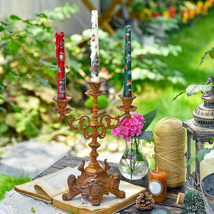 Sungmor Rusty Cast Iron 3 Arm Candelabra, 13" Tall Vintage Candlestick Holder, Decorative Taper Candle Holder, Pretty Centerpiece Candle Stand for Halloween, Christmas, Holiday Décor