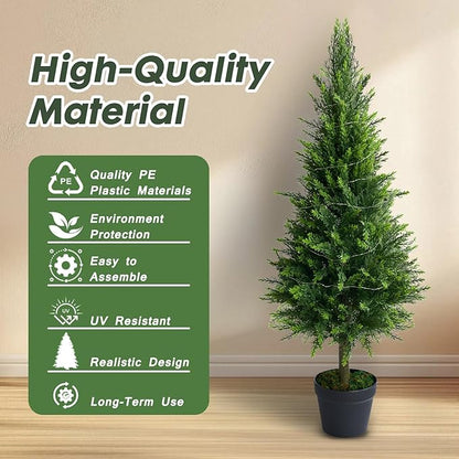 2 Packs of Fake Cypress Plants, 4FT Artificial Cedar Pruning Tree, with Flowerpot, UV Resistant Artificial shrubs, Suitable for Outdoor and Indoor Front Porch Gardens