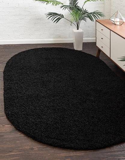 Unique Loom Solid Shag Collection Area Rug (7' 10" x 10' Oval, Jet Black)