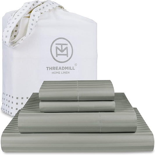Threadmill 100% Cotton Sheets for King Size Bed - 600 Thread Count King Bed Sheets Set with 16” Deep Pocket - Damask Stripe Sateen Weave 4-Piece Bedding Set with Cooling Effect, Moonrock Grey