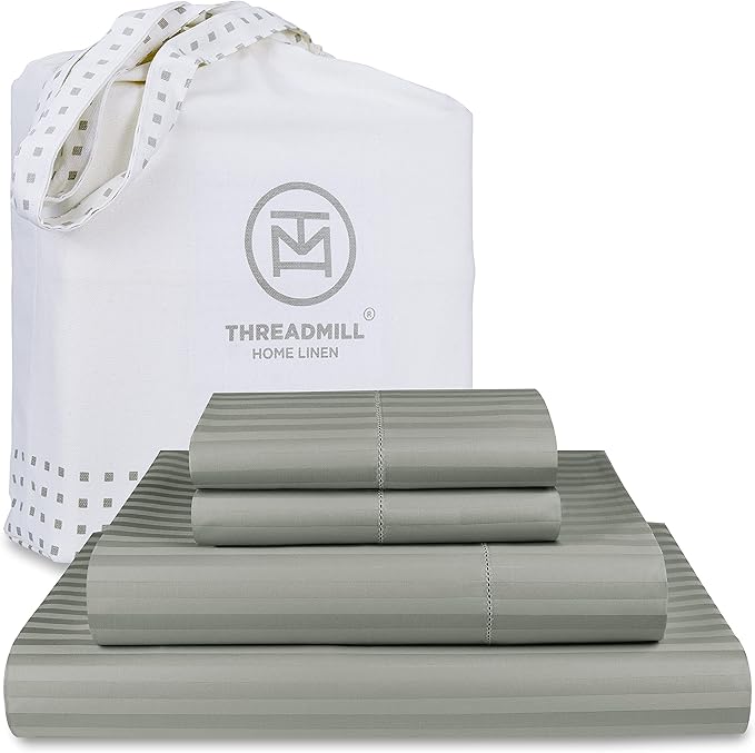 Threadmill 100% Cotton Sheets for Cal King Size Bed - 600 Thread Count Cal King Bed Sheets Set with 16” Deep Pocket - Damask Stripe Sateen Weave 4-Piece Bedding Set with Cooling Effect, Moonrock Grey