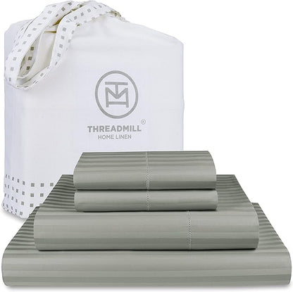 Threadmill 100% Cotton Sheets for Cal King Size Bed - 600 Thread Count Cal King Bed Sheets Set with 16” Deep Pocket - Damask Stripe Sateen Weave 4-Piece Bedding Set with Cooling Effect, Moonrock Grey
