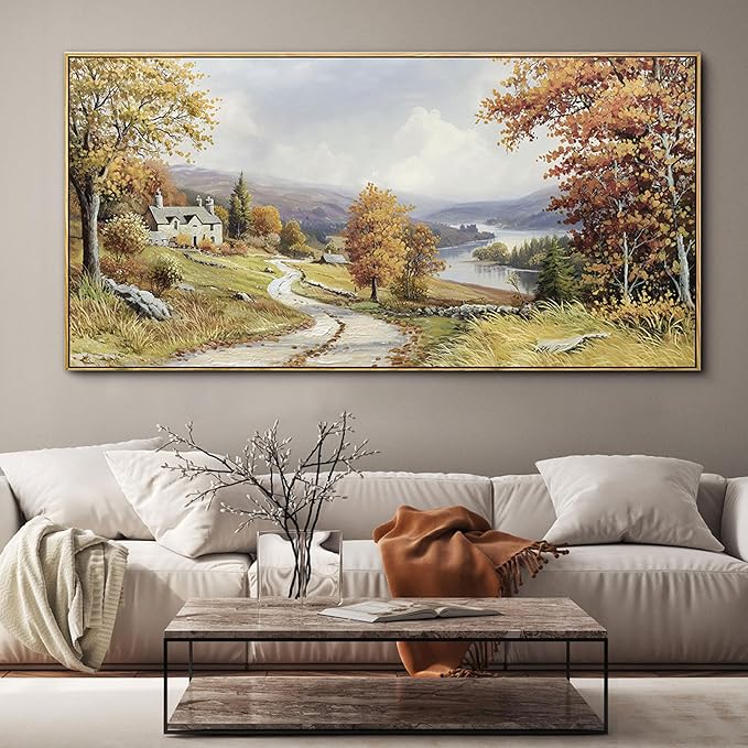 KLAKLA Landscape wall art - Autumn Rustic Field Burnt Orange Tree Landscape PictureC anvas Frame Artwork Farm Log Cabin Farm Wall Decor for Living Room Bedroom Office - 58x29 Inches