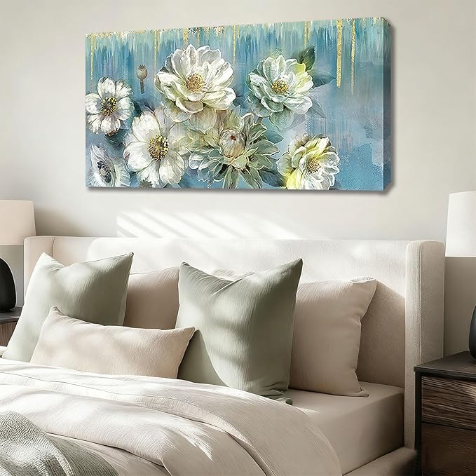 Ardemy Floral Canvas Wall Art for Living Room Large Magnolia White Flowers Teal Pictures Wall Decor Textured Painting ModernTurquoise Artwork Bathroom Bedroom Dining Room Home Office, 40"x20"