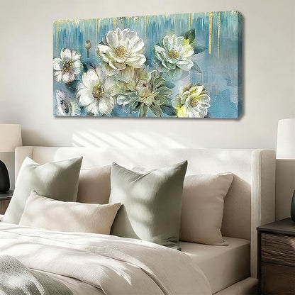 Ardemy Floral Canvas Wall Art for Living Room Large Magnolia White Flowers Teal Pictures Wall Decor Textured Painting ModernTurquoise Artwork Bathroom Bedroom Dining Room Home Office, 40"x20"