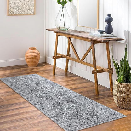 KUTA Vintage Washable Runner Rug, 2x7 Non-Slip Vintage Grey Blue White Hallway Kitchen Runners Soft Printed Distressed Tribal Farmhouse Floor Carpet Rugs for Laundry Bedroom Living Room