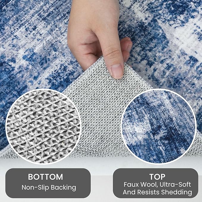 IOHOUZE Abstract Runner Rug 3x10 Ft Washable Runners for Hallways, Non Slip Kitchen Runner Printed Faux Wool Entryway Runner Indoor, Modern Abstract Floor Carpet for Hall Bedroom, Navy/Grey