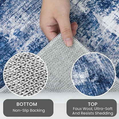 IOHOUZE Abstract Runner Rug 3x8 Ft Washable Runners for Hallways, Non Slip Kitchen Runner Printed Faux Wool Entryway Runner Indoor, Modern Abstract Floor Carpet for Hall Bedroom, Navy/Grey