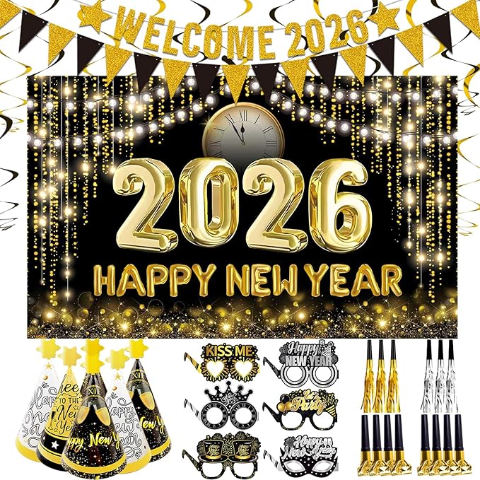 2026 New Years Eve Party Supplies Set, Large Happy New Year 2026 Background Banner, Party Cone Hats, Welcome 2026 Banner, 2026 New Years Eyeglasses and Party Blowers
