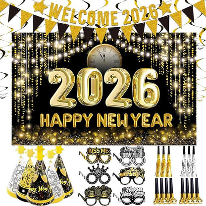 2026 New Years Eve Party Supplies Set, Large Happy New Year 2026 Background Banner, Party Cone Hats, Welcome 2026 Banner, 2026 New Years Eyeglasses and Party Blowers