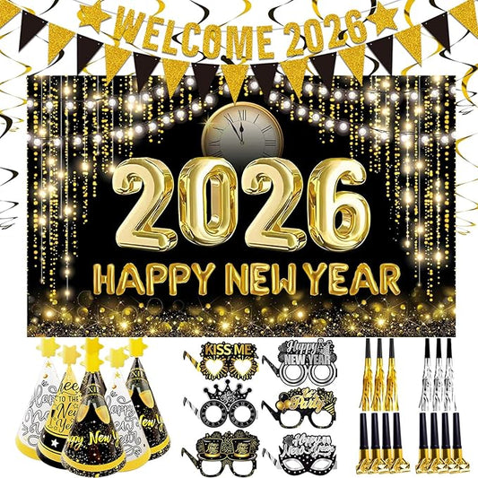 2026 New Years Eve Party Supplies Set, Large Happy New Year 2026 Background Banner, Party Cone Hats, Welcome 2026 Banner, 2026 New Years Eyeglasses and Party Blowers