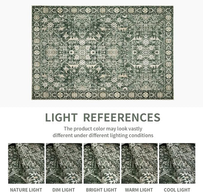 Area Rug 8×10 Washable Rugs for Bedroom, Vintage Floral Rug Soft Non Slip Stain Resistant Carpet for Living Room Dinning Room Kitchen Home Office Green Black