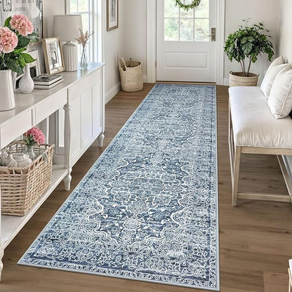 KUTA Vintage Runners for Hallways 2.6x10 Non-Slip, Blue White Washable Kitchen Rug Ultra Soft Printed Distressed Traditional Medallion Floor Carpet for Bedroom Living Room
