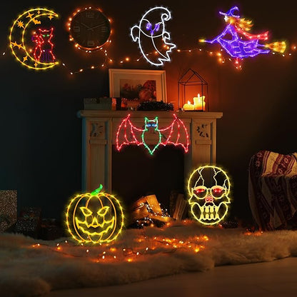 16" Halloween Window Silhouette Lights - 6 Pack Colour Lighted Cat on Moon & Skull Head & Bat & Witch & Pumpkin & Ghost for Holiday Indoor and Outdoor Wall Door Window Decorate