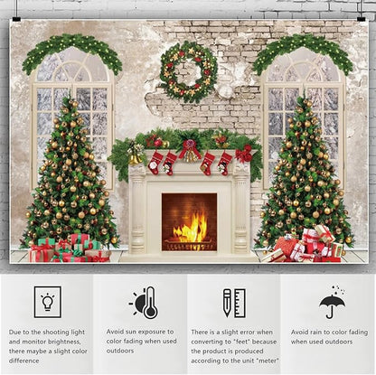 YongFoto Christmas Fireplace Backdrop 12x8ft Room Christmas Trees Red Socks Vintage Wall Photography Background New Year Xmas Eve Family Winter Holiday Party Banner Photoshoot Wallpaper Photo Booth