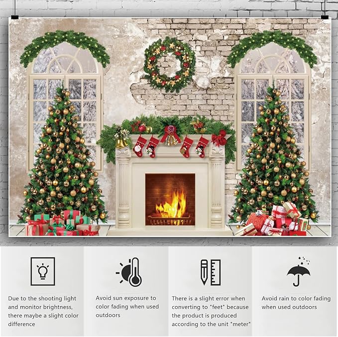 YongFoto Christmas Fireplace Backdrop 10x5ft Room Christmas Trees Red Socks Vintage Wall Photography Background New Year Xmas Eve Family Winter Holiday Party Banner Photoshoot Wallpaper Photo Booth