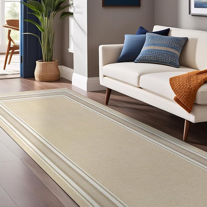 Modern Bordered Non Slip Indoor Runner Rugs for Living Room 2x5 Area Rugs for Kitchen, Rug for Bedroom, and Hallway, Stain Resistant Easy Cleaning Non Shedding Beige 2 x 5