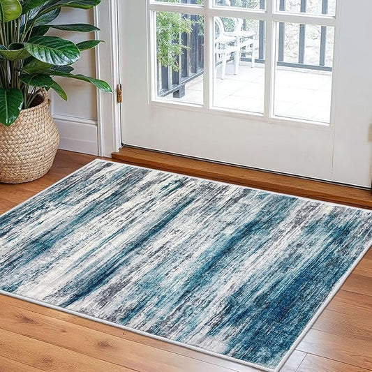 KOZYFLY Modern Abstract Small Area Rugs 2x3, Washable Kitchen Rug Non-Slip Soft Small Bathroom Rug, Blue Striped Entryway Rugs Print Faux Wool Doormat for Bedside Entrance Bedroom Sink