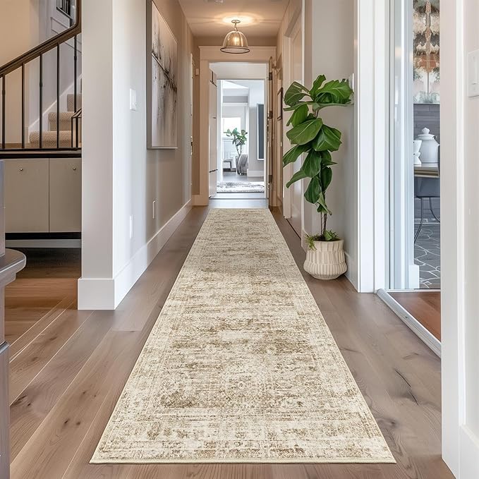 Washable Runner Rug 2.5x12, Non-Slip Long Bathroom Rugs Runner for Kitchen, Living Room, Bedroom, Soft Vintage Washable Rug for Entryway, Thin Floor Mat for Dining Room(2.5'x12', Brown/Ivory)