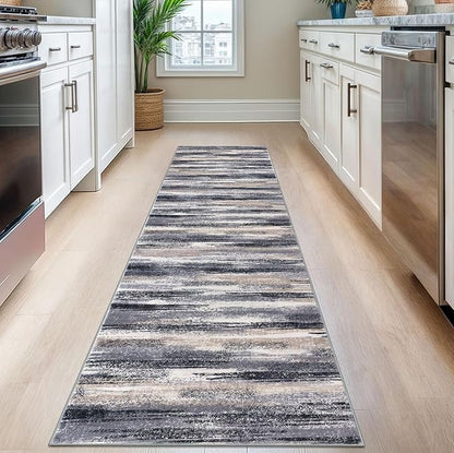 Modern Abstract Runner Rug 2.6x8, Grey Black Multi Washable Kitchen Runner Non-Slip Soft Hallway Rug Runner Thin Print Faux Wool Carpet for Entryway Bedroom Laundry Room Indoor Home Decor