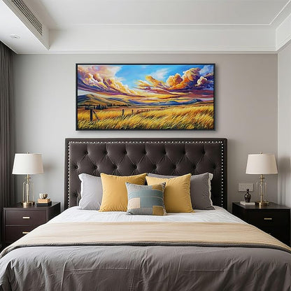QZQCBLC Yellow Canvas Wall Art, Fall Grass Clouds Landscape Paintings Artwork Endless Mountain Range Rustic Scenery Wall Pictures for Living room Bathroom Bedroom Home Office Decor 20x40 IN