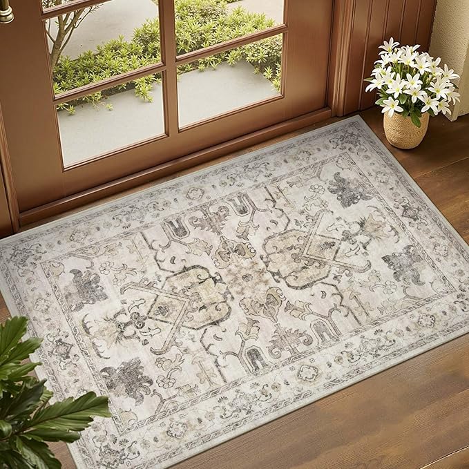 jinchan 2x3 Washable Rug for Entryway - Vintage Floral Ultra-Thin Low Pile Soft Small Non-Slip Distressed Indoor Doormat Accent Rug for Entrance Kitchen Bathroom Bedroom (2x3ft,Taupe)