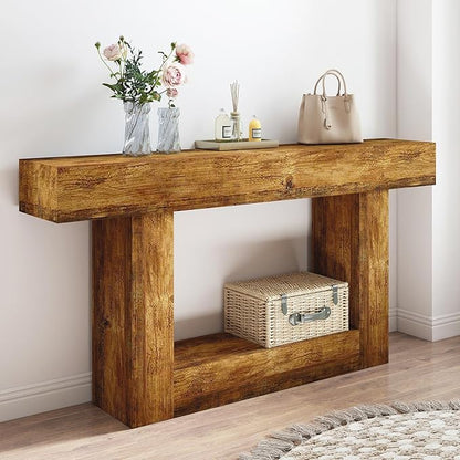 Vibe & Dine 63" Entryway Table, Farmhouse 2-Tier Console Table with U-Shaped Base, Narrow Long Wood Couch Table Behind Sofa for Living Room, Hallway, Foyer, Vintage Brown