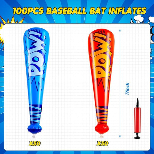 Seematn 100 Pcs Pow Inflatable Baseball Bats 17 Inch Inflatable Blow up Bats for Kids Carnival Game Prizes Bulk Baseball Party Favors Carnival Hero Sports Prizes (Dark Blue,Red)