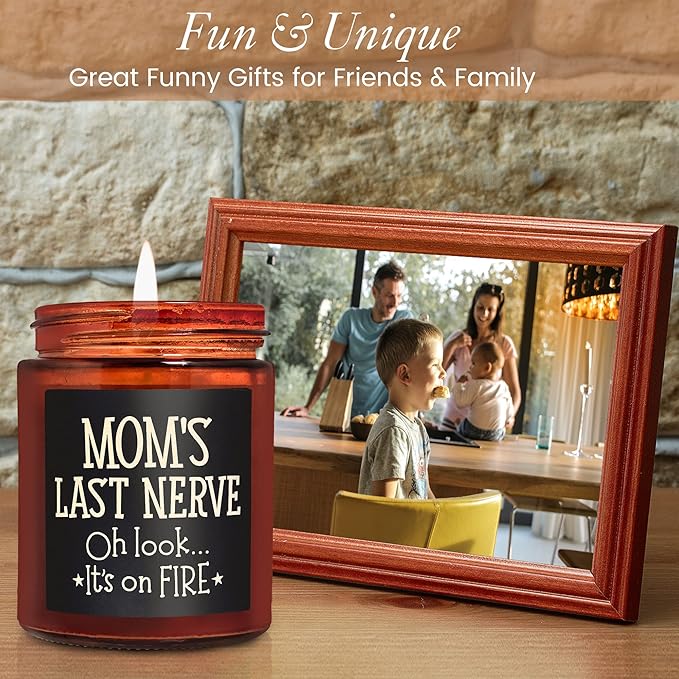 Mom's Last Nerve Candles - Fun Birthday, Mothers Day Gifts from Daughter, Son - Best Funny Stress Relief, Relaxing Gifts for Women, Wife, New Mom - Jasmine Scented Soy Wax Jar Candle for Home