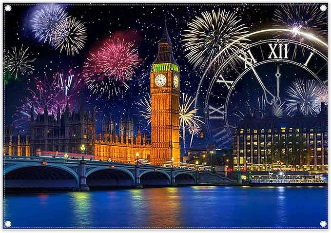 7x5ft Fabric New Year Fireworks Backdrop London City Night Scenery Countdown Clock Photography Background Family Holiday Party Decorations Photo Banner Props