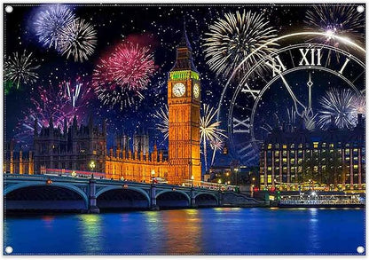 7x5ft Fabric New Year Fireworks Backdrop London City Night Scenery Countdown Clock Photography Background Family Holiday Party Decorations Photo Banner Props