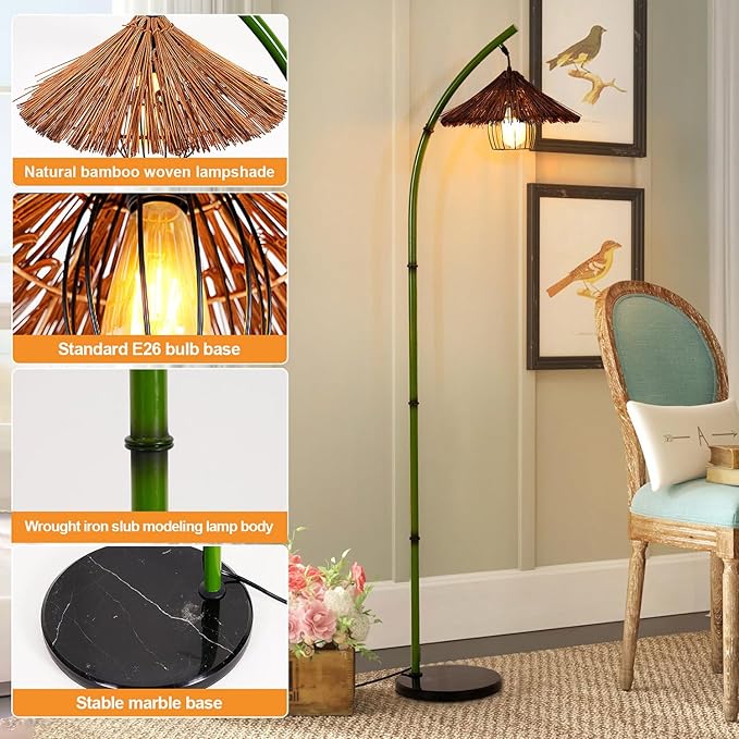beaysyty Bamboo Floor lamp Mid Century Rattan Retro Floor lamp Bohemian,Arc Floor Lamps for Living Room Tall Reading Lamps Antique Rattan Style for Bedroom Dining Room Farmhouse Study (Green)