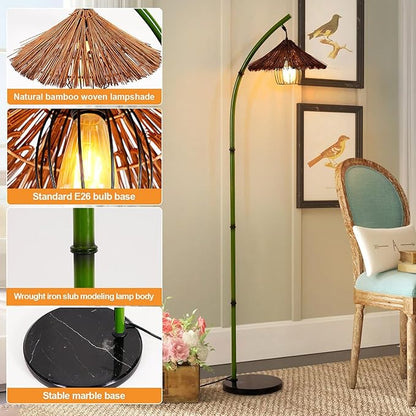 beaysyty Bamboo Floor lamp Mid Century Rattan Retro Floor lamp Bohemian,Arc Floor Lamps for Living Room Tall Reading Lamps Antique Rattan Style for Bedroom Dining Room Farmhouse Study (Green)
