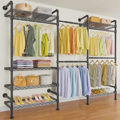 Timate F3 Garment Rack Heavy Duty Clothes Rack for Hanging Clothes, Expandable Industrial Pipe Wall Mounted Clothing Racks, Adjustable Storage Wardrobe Closet Kit Walk in Closet Systems, Black