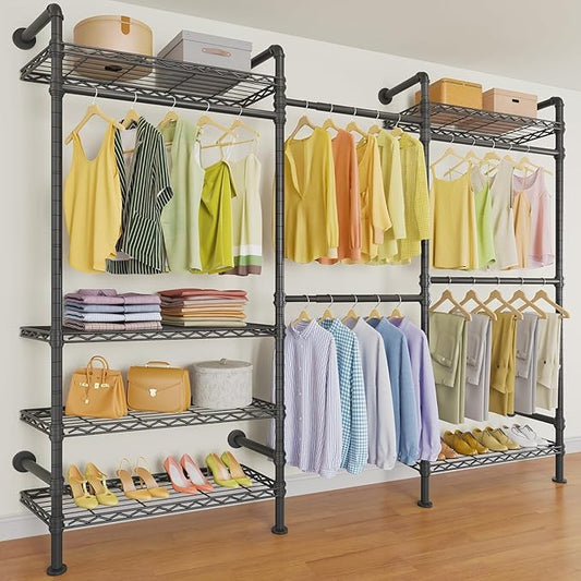 Timate F3 Garment Rack Heavy Duty Clothes Rack for Hanging Clothes, Expandable Industrial Pipe Wall Mounted Clothing Racks, Adjustable Storage Wardrobe Closet Kit Walk in Closet Systems, Black