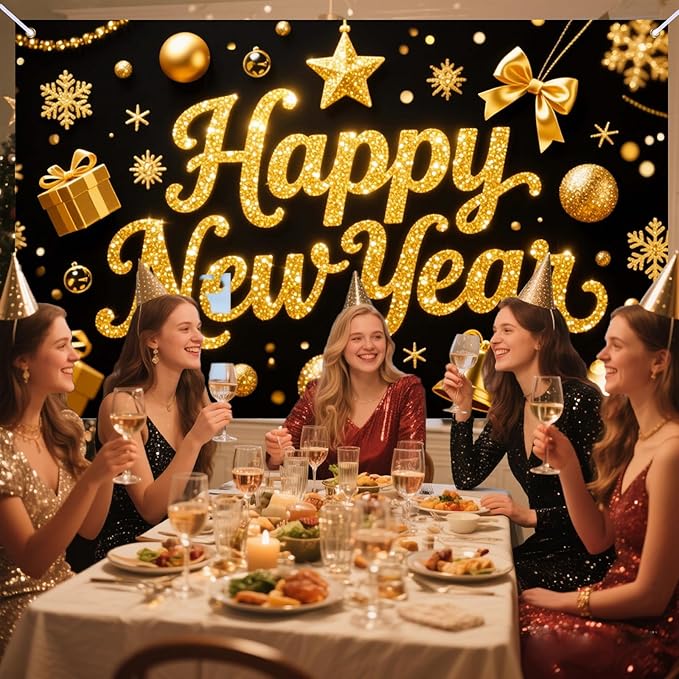 Nuxovilar Happy New Year Banner, Golden Opulent Elements Backdrop for Party Decorations, 71x43 Inch