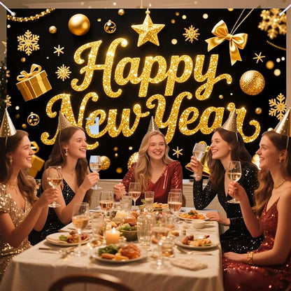 Nuxovilar Happy New Year Banner, Golden Opulent Elements Backdrop for Party Decorations, 71x43 Inch