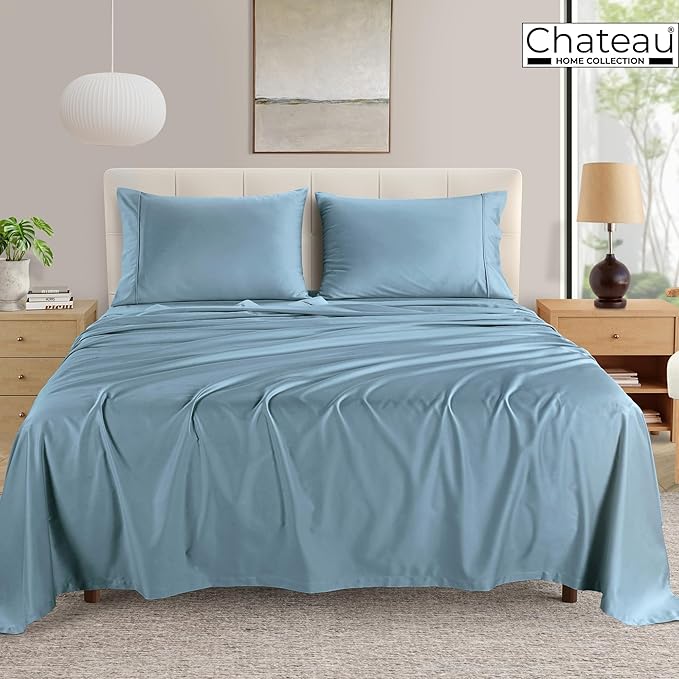 California King Sheets, 100% Egyptian Cotton 400 Thread Count Luxury Blue Bedding Sheets & Pillowcases Fits Upto 17", Soft & Breathable Naturally Cooling Hotel Sheet Set- French Blue