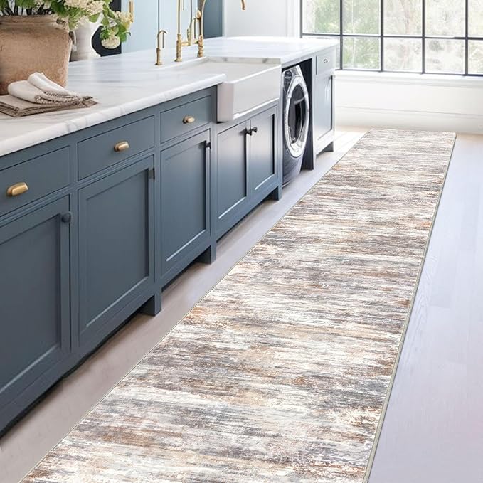 KOZYFLY Modern Abstract Washable Rug Runner 2.6x16 Hallway Rug Runner Non-Slip Soft Kitchen Runner Rugs, Multi Grey Striped Carpet for Stair Entryway Bathroom Laundry Room Foyer