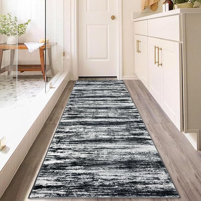 KOZYFLY 3x8 Area Rug Modern Ombre Area Rug for Bedroom, Washable Rug Non-Slip Soft Striped Living Room Rug, Black Navy Blue Grey Abstract Carpet for Laundry Nursery