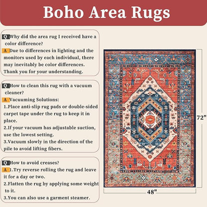 SERISSA Area Rug 4x6 Boho Rugs for Bedroom, Washable Non-Slip Living Room Rugs, Ultra Soft Vintage Print Distressed Rust Rug Low-Pile Throw Carpet for Entry Bedroom Nursery Kitchen Dorm Decor