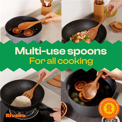 Riveira Brown Bamboo Wooden Cooking Utensils Set of 6 Premium Quality, Non-Toxic, Heat-Resistant Wooden Spoons and Spatula for All Cookware