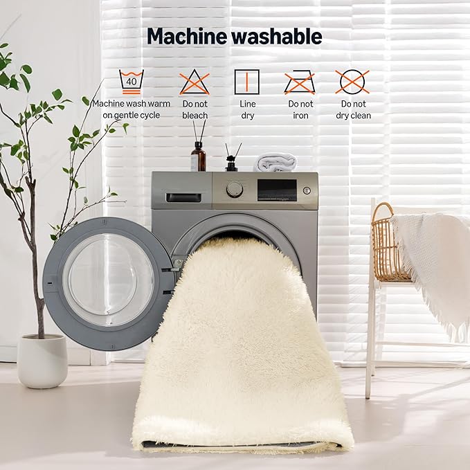 Amazon Basics Fluffy Washable Area Rug, Shaggy Carpet for Living Room, Bedroom, 8' W × 10' L, Beige