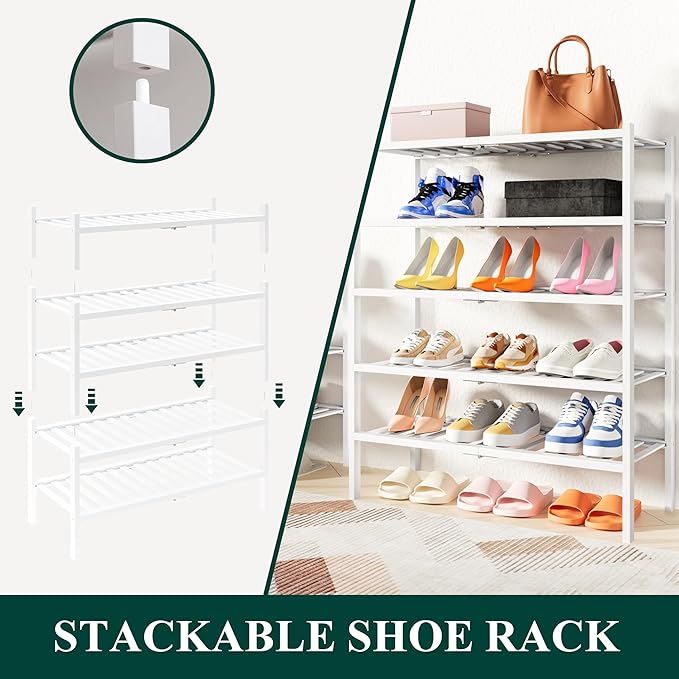 Smiry Shoe Rack, 2 Tier Thick Bamboo Shoe Organizer, Stackable Free Standing Wooden Shoe Storage Shelf for Closet, Entryway, Front Door Entrance, White